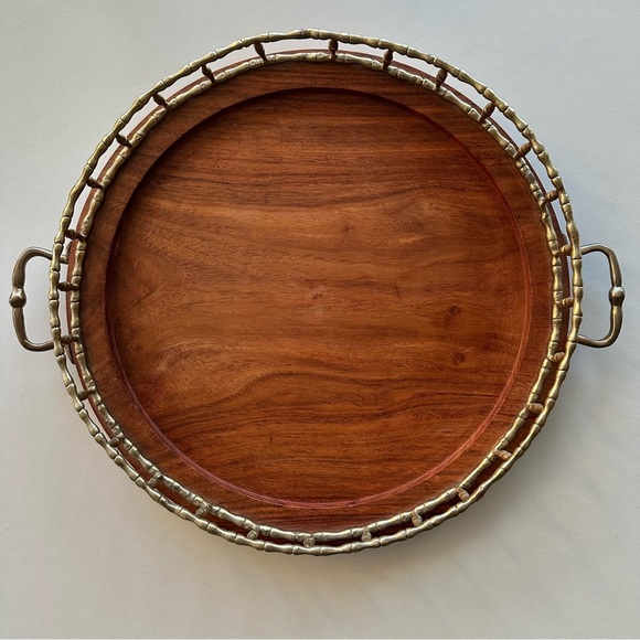 Vintage Hollywood Regency Brass and Wood Bamboo Round Tray...